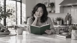 Fictional Asian adult reading an emerald notebook in a pearl-gray kitchen.