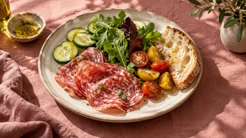 Illustrative salami slices, vegetables and bread on an ivory plate with rose linen.