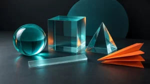 Turquoise glass geometric shapes and orange folded paper on a charcoal surface.