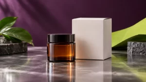 Closed fictional amber container and plain carton with aubergine and lime studio colors.
