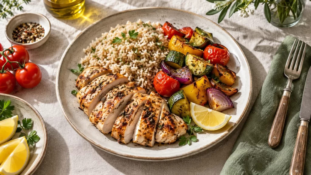Illustrative chicken, rice and roasted vegetables on a ceramic plate