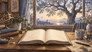 Illustrated reading desk with blank open book and branching tree outside