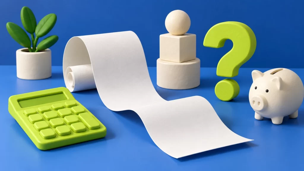 Clay calculator, blank receipt and geometric savings objects on a cobalt surface