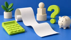 Clay calculator, blank receipt and geometric savings objects on a cobalt surface