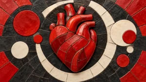 Scarlet ceramic heart motif in charcoal and ivory mosaic