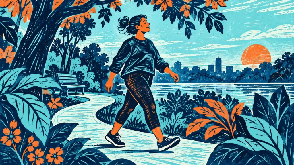 Linocut-style adult walking in an aqua and persimmon park