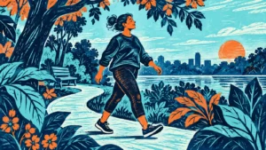 Linocut-style adult walking in an aqua and persimmon park
