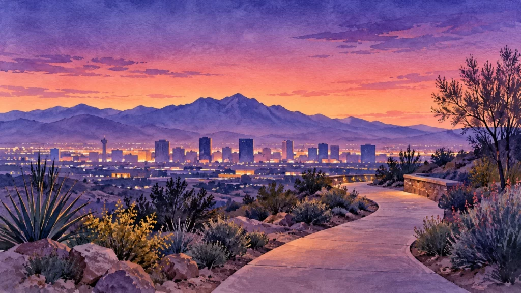 Watercolor desert valley and city at violet-peach twilight