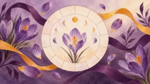Lavender crocus and ribbons around an abstract circular calendar