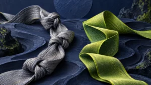 Silver knotted ribbon and green folded ribbon on an indigo surface