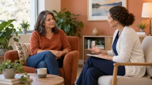 Fictional adult woman and clinician talking in a warm consultation room
