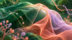Translucent forest-green, coral and lilac fabric contours