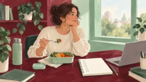 Gouache illustration of a fictional adult pausing for lunch at a work desk.