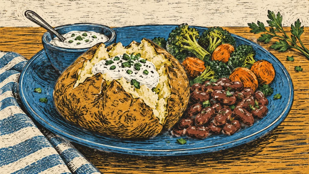 Textured woodcut of a baked potato with a topping, beans and vegetables.