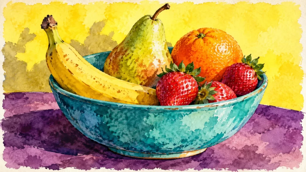 Watercolor banana, pear, orange and strawberries in a turquoise bowl.