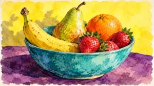 Watercolor banana, pear, orange and strawberries in a turquoise bowl.