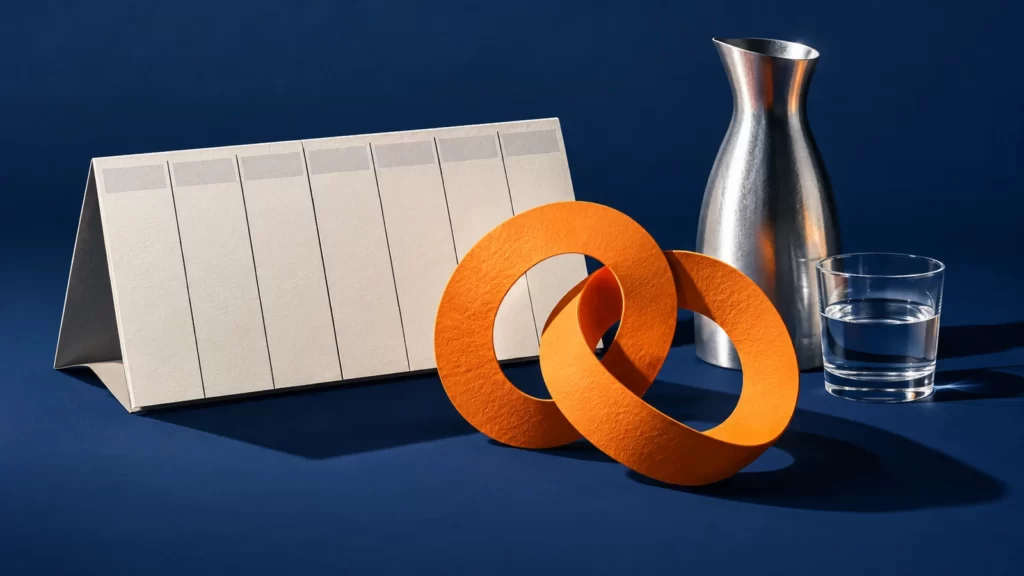 Navy and tangerine paper collage with an unmarked organizer, carafe and glass.