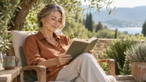 Fictional mature woman reading in a sunlit garden chair.