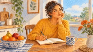 Colored-pencil illustration of a fictional adult writing beside fruit and a mug.