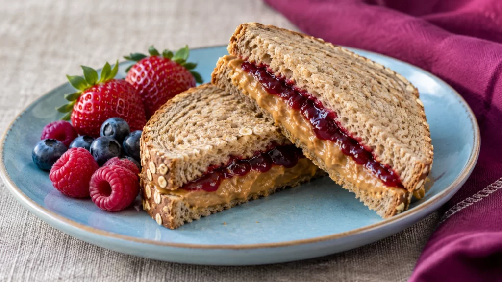 Peanut-butter and fruit-spread sandwich with berries on a blue plate.