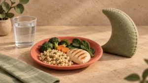 Coral and sage textile meal forms beside a glass and upright crescent cushion.