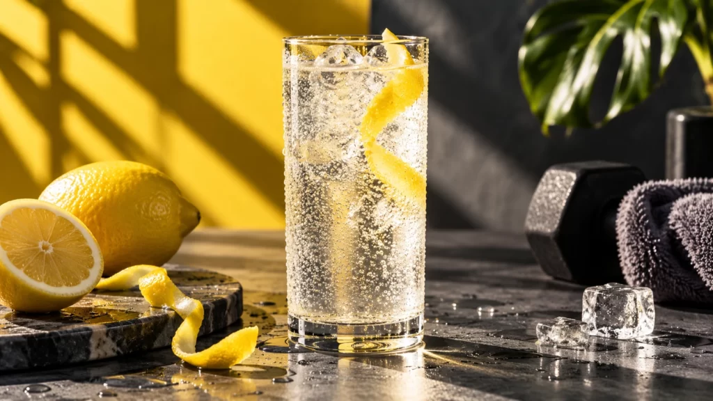 A clear sparkling drink with ice and citrus peel against yellow and charcoal surfaces