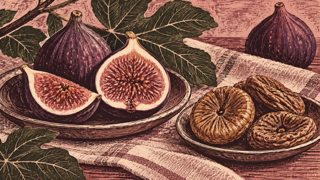 A botanical print of fresh and dried figs with fig leaves