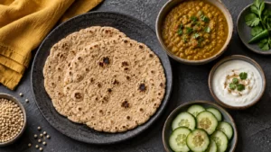 Sorghum-style flatbreads beside lentils, cucumber and yogurt