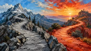 An impasto landscape with separate blue and vermilion paths