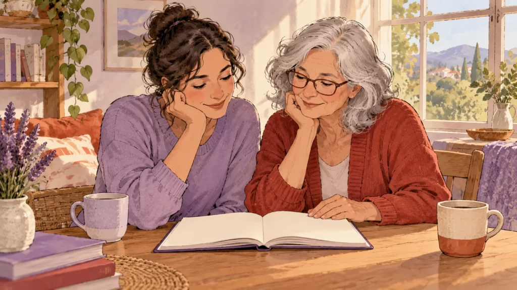 Two fictional adult women of different generations reading a blank guide