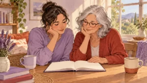 Two fictional adult women of different generations reading a blank guide