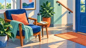 A sturdy chair, handrail, bottle and notebook in a bright room