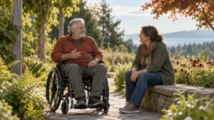 Two fictional adults talking at an accessible garden path, one using a wheelchair