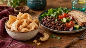 A bowl of pork-rind-style snacks beside beans, vegetables and bread