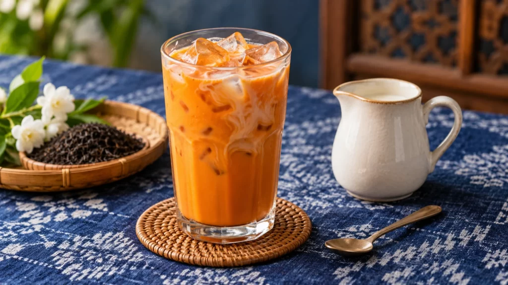 Orange milk tea over ice beside an unmarked milk jug on an indigo cloth