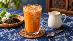 Orange milk tea over ice beside an unmarked milk jug on an indigo cloth