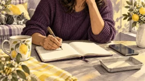 A fictional adult writing in a blank notebook beside a phone and empty tray