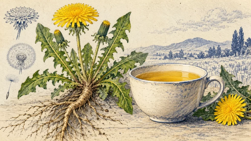 Botanical illustration of dandelion flowers, leaves and roots beside a cup