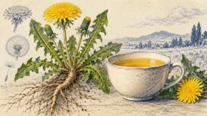 Botanical illustration of dandelion flowers, leaves and roots beside a cup