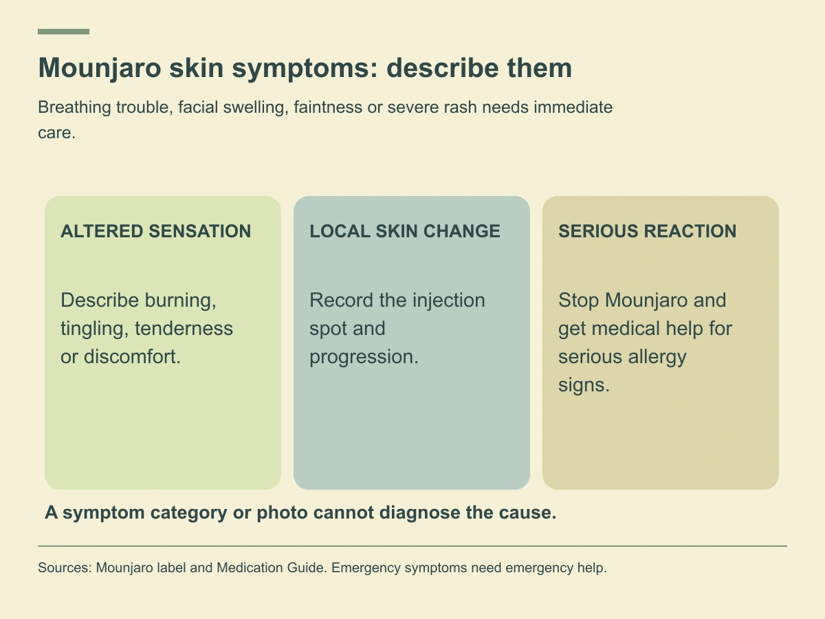 Altered sensation, local skin changes and serious-allergy signs require different questions and appropriate care.