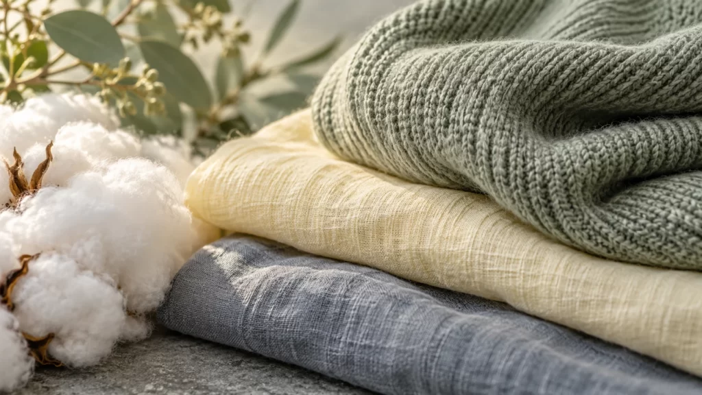 Close view of soft cotton, linen and knit fabrics in sage and pale yellow