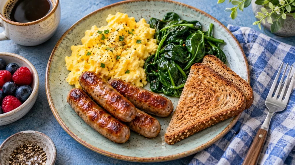 An unbranded sausage breakfast with eggs, leafy vegetables and toast on a blue tablecloth