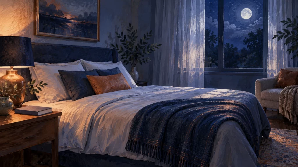 Painted empty bedroom with a blue blanket, copper lamp and soft nighttime light