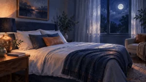 Painted empty bedroom with a blue blanket, copper lamp and soft nighttime light