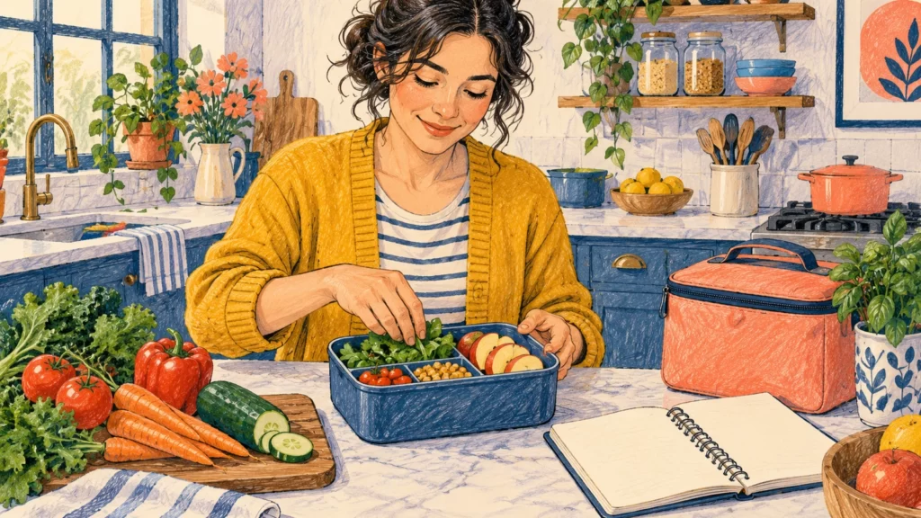 Illustration of a fictional adult in a mustard cardigan packing lunch in a kitchen