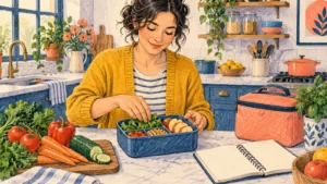 Illustration of a fictional adult in a mustard cardigan packing lunch in a kitchen