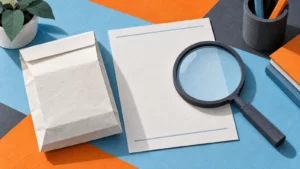 Paper collage of a blank prescription packet and magnifying glass in ice blue and orange
