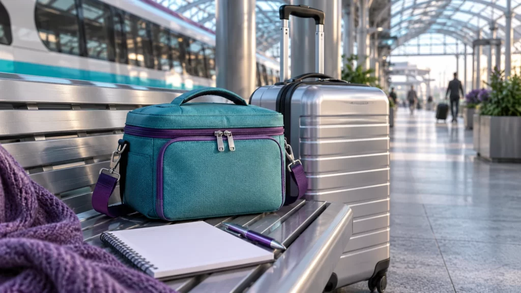 A closed turquoise insulated bag beside a suitcase and blank notebook at a train station