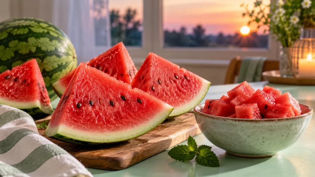 Watermelon wedges and diced fruit in a bowl on a mint table in evening light