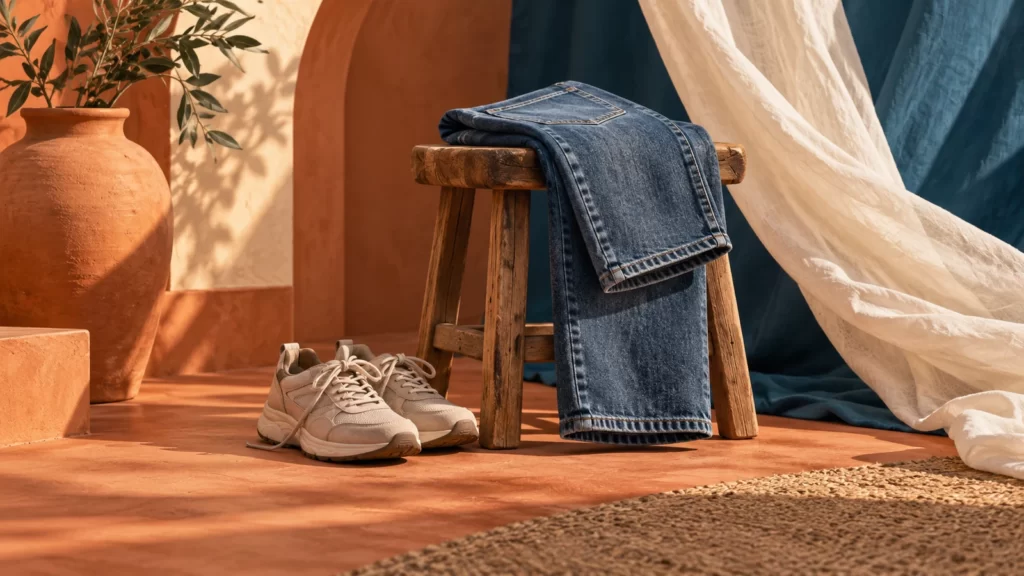 Folded denim, shoes and a stool in a terracotta and cream still life